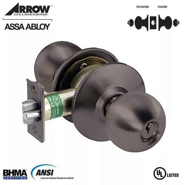 Arrow - MK33BD - Commercial Knob Set - 2-3/8” Standard Backset - Asylum / Institution- 10B - Oil Rubbed Bronze - Grade 2