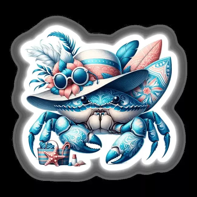 Blue Crab in Summer Beach Hat with Surfboard