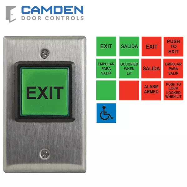 Camden CM-30U - Push/Exit Square Switch - LED Illuminated - w/ English & Spanish Insert Labels -12V-28V