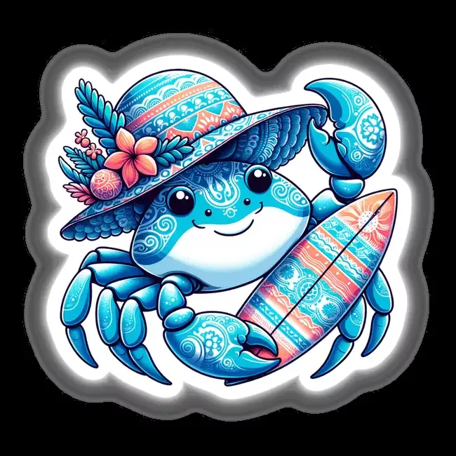 Crab in Summer Beach Hat with Surfboard