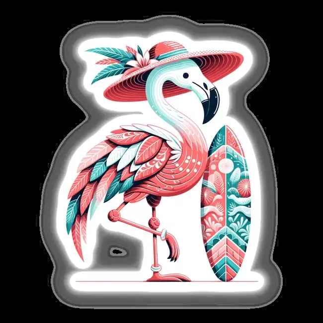 Flamingo in Summer Beach Hat with Surfboard