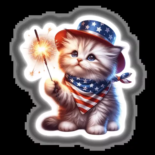 Fluffy Kitten Holding Sparkler 4th of July