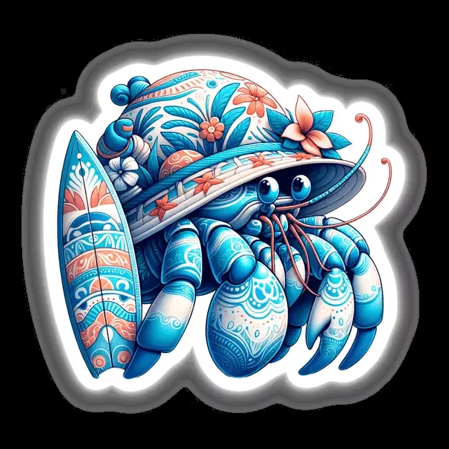 Hermit Crab in Summer Beach Hat with Surfboard