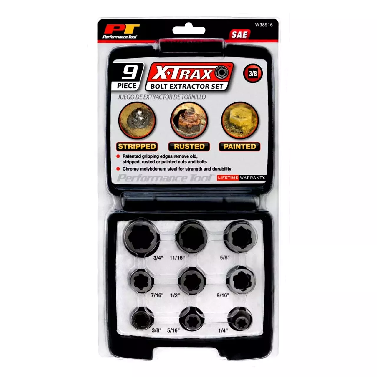 Performance Tool W38916 Bolt Extractor Set - 9 Piece 3/8" Drive SAE