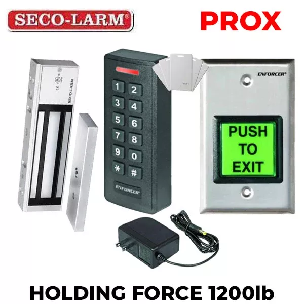 Seco-Larm - Single Door Maglock - 1200-lb Holding Force w/ PROX Keypad & Single Gang Wall Plate w/ 12VDC Plug-in Transformer