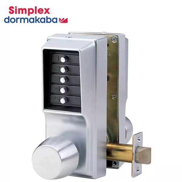 Simplex - EE1011 - Mechanical Pushbutton Cylindrical Knob Set Lock - Double Sided - Entry & Egress - 2¾" Backset - Satin Chrome