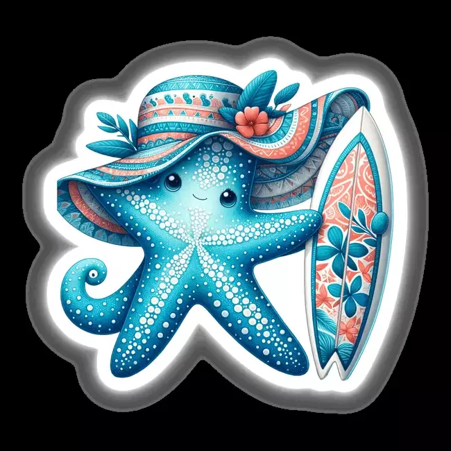 Starfish Holding Surfboard in Summer Beach Hat