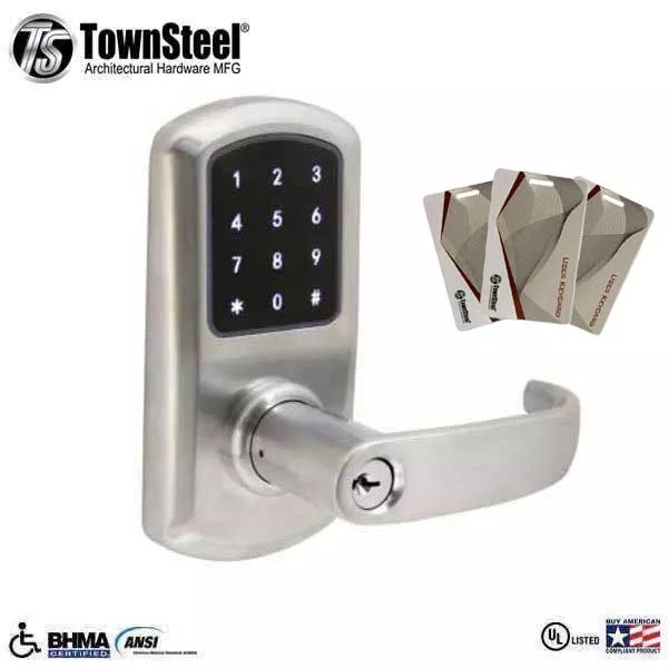 TownSteel - e-Elite 4010 - Electronic Push Button Lever Set - RFID - 2-3/4″ Backset - Rigid Lever Set - Satin Chrome- Key Override - Grade 1