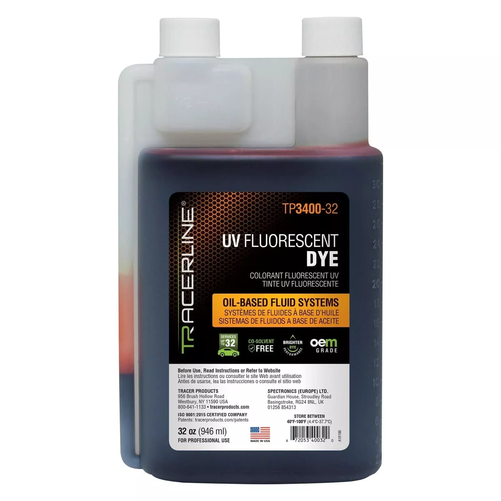 Tracerline TP3400-32 Leak Detection Dye, UV Fluorescent, 32 oz. Bottle USA MADE